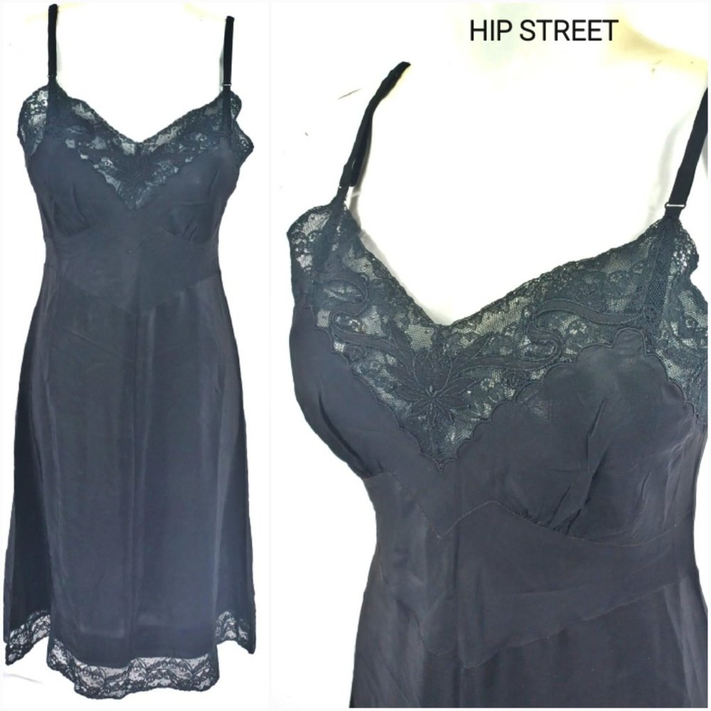 SEAMPRUFE Vintage 40's-50's Pin Up Lace Opaque Rayon Full Slip Dress 32 Tall